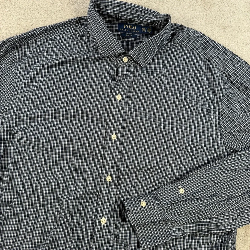 Polo Ralph Lauren Shirt Men 2XL Blue Plaid Slim Fit Long Sleeve Button Up Cotton